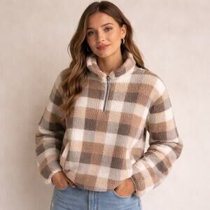 Abercrombie & Fitch Plaid Sherpa 1/4 Zip Pullover – Size M